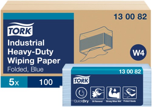Reinigingsdoek Tork W4 Premium Heavy-Duty Industrial gevouwen 3-laags 5x100 vel blauw 130082