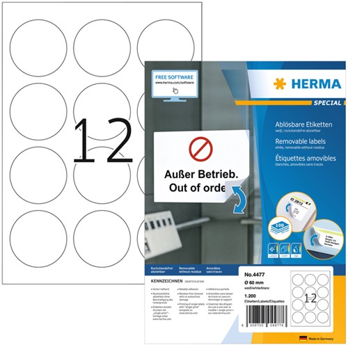 Etiket HERMA 4477 60mm verwijderbaar wit 1200 etiketten