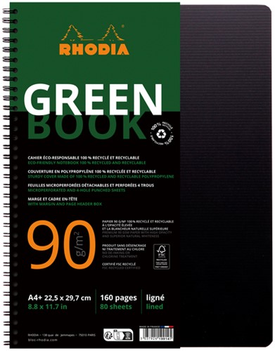 Notitieboek Rhodia Greenbook A4+ lijn 4-gaats 180 pagina's 90gr zwart