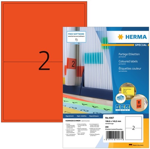 Etiket HERMA 4567 199.5x143.5mm rood 200 etiketten