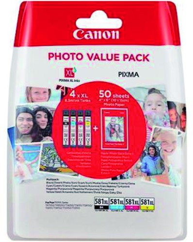 Inktcartridge Canon CLI-581XL 4 kleuren +50vel fotopap10x15cm